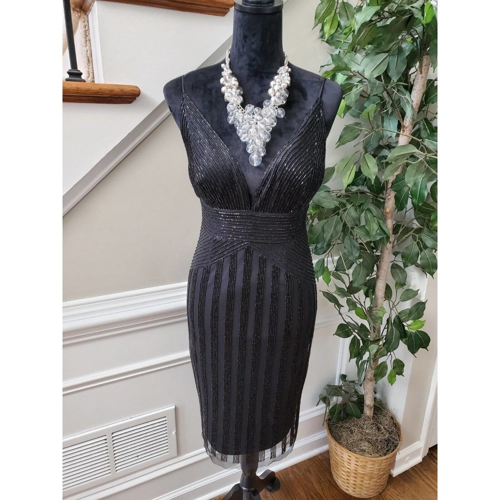 Andrianna Papell Women's Black Polyester V-Neck Sleeveless Knee Length Dress 2